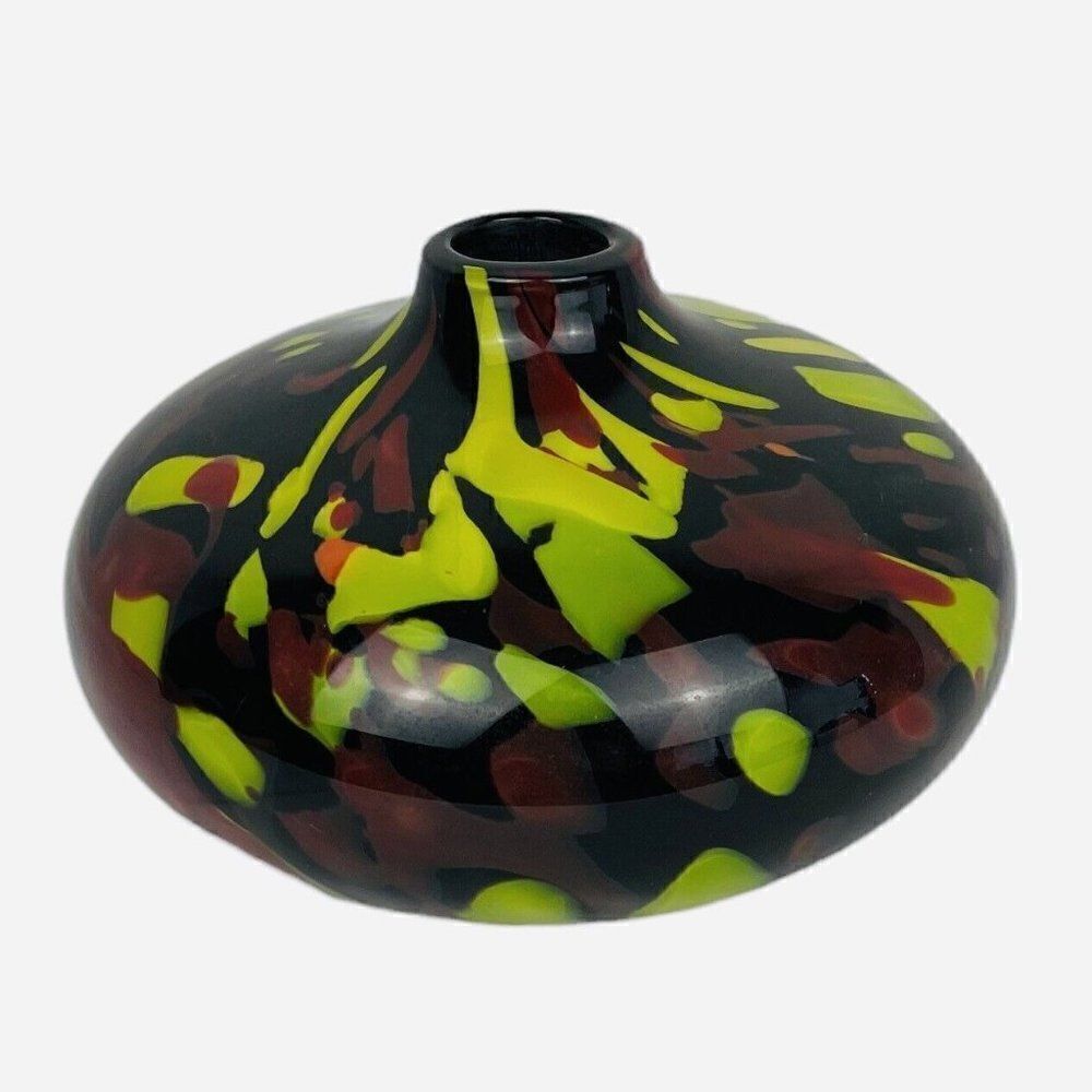 Vintage Abstract Short 8" Art Glass Vase Rotund Round Spatter Bohemian End Day